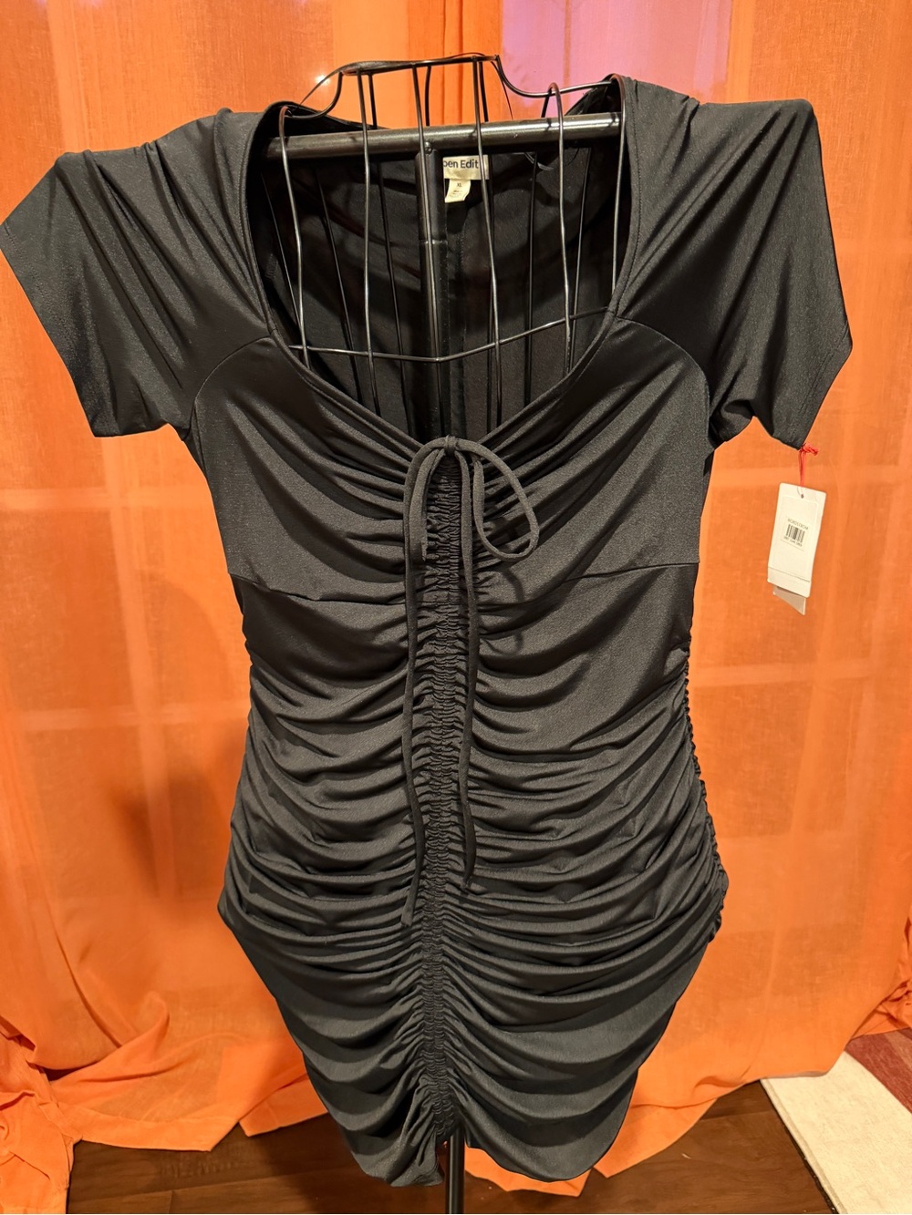 Nordstrom Black Ruched Tie-Front Scoop Mini Dress